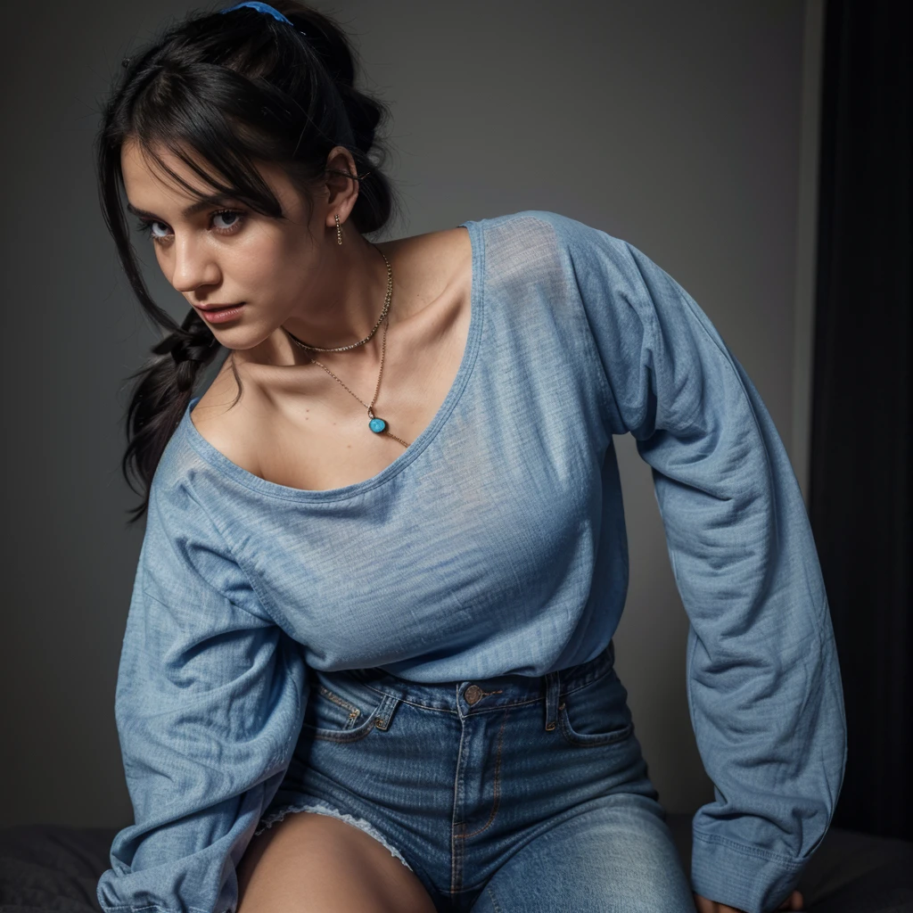 only ung girl (best quality,4k,8k,highres,masterpiece:1.2),ultra-detailed,(realistic,photorealistic,photo-realistic:1.37),portrait,wearing overloose sweater blue,small chain on neck,black hair,hair band in ponytail,vivid colors,soft lighting,night neon background,subtle bokeh,warm color tones,rich girl,red lipstick,earing,full sleeve top,long shirt,round neck style dress,wearing jeans pant,hoodie,wearing a ring in hand
