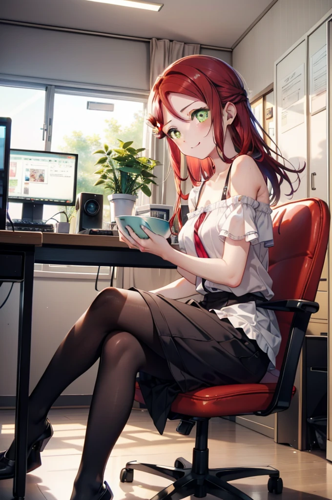 rikosakurauchi, Riko Sakurauchi, (Brown eyes:1.5), Hair between the eyes, Long Hair, (Redhead:1.5), (Small breasts:1.2), smile,Cold Shoulder Shirt,Short sleeve,Long skirt,Black pantyhose,Stiletto heels,Sitting in a chair,is holding a sandwich with both hands and eating it,There is a computer and a sandwich on the table.,interior,So that the whole body goes into the illustration,
break looking at viewer, 全身
break outdoors, office,
break (masterpiece:1.2), Highest quality, High resolution, unity 8k wallpaper, (figure:0.8), (Beautiful attention to detail:1.6), Highly detailed face, Perfect lighting, Highly detailed CG, (Perfect hands, Perfect Anatomy),