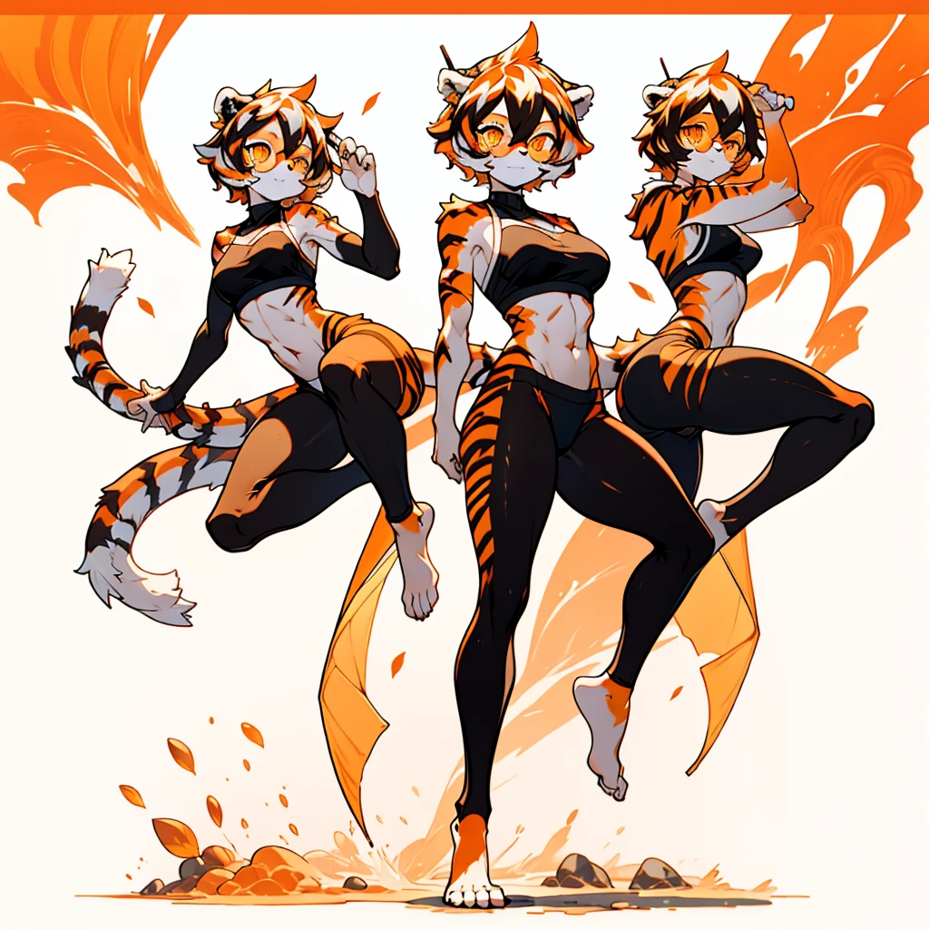 white background, full body, ((1girl,furry)), Standing Yoga mat, animal ears, arknights, white hair, black hair, round eyewear, glasses, OPPEIN, short hair, large breasts, muscle, tail, orange eyes, orange hair, multicolored hair, tiger girl, furry female, hair between eyes, tiger_ears, tiger_tail, orange-tinted_eyewear, tinted_eyewear, Sophorae, ワイフー, tattoo, petite, neck tattoo, big breasts, stomach tattoo, bra, panties, evil smile, Shadows under feet, Abdominal muscles, Yoga tights, Yoga balls