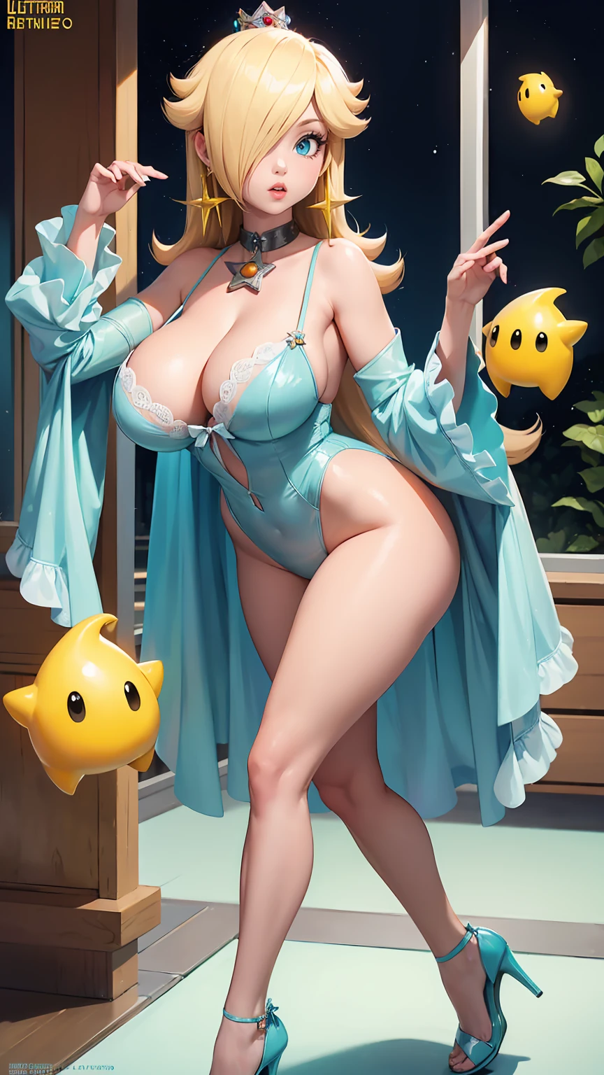 (best quality). (Ultra Detalhado). (1girl), Olhando para o Viewer. (Antecedentes detalhados). belos olhos detalhados. rosto delicado e bonito. (high saturation), seios grandes, droopy breasts, (((sexy date blue lingerie outfit))), (((sexy cleavage))), (((sexy legs))), (((heels))), (luma star flying around)