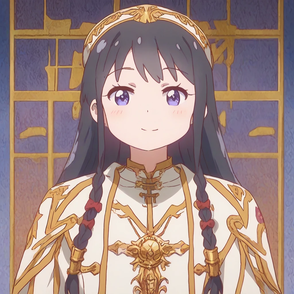 Generate a high-resolution movie poster in the style of Alphonse Mucha, featuring Hana Shirosaki from Watashi ni Tenshi ga Maiorita! with a detailed face, flowing hair, braided side locks, the Emperor's costume, with a focus on the upper body (big-chest). Include beautiful, detailed eyes, a detailed hand, sports film lighting, pale skin, and a dynamic pose looking directly at the viewer. Use a magazine cover style with textured skin, super detail, tarot borders, dynamic streaks, a dim color scheme, and solo full-body portrayal. For the alternate prompt, depict a detailed face with a soft smile of a Sumerian demigod in white robes and laurel, set against a backdrop of a thriving Mesopotamian civilization with ancient palaces, stars, and floating particles, referencing the ziggurat of Uruk