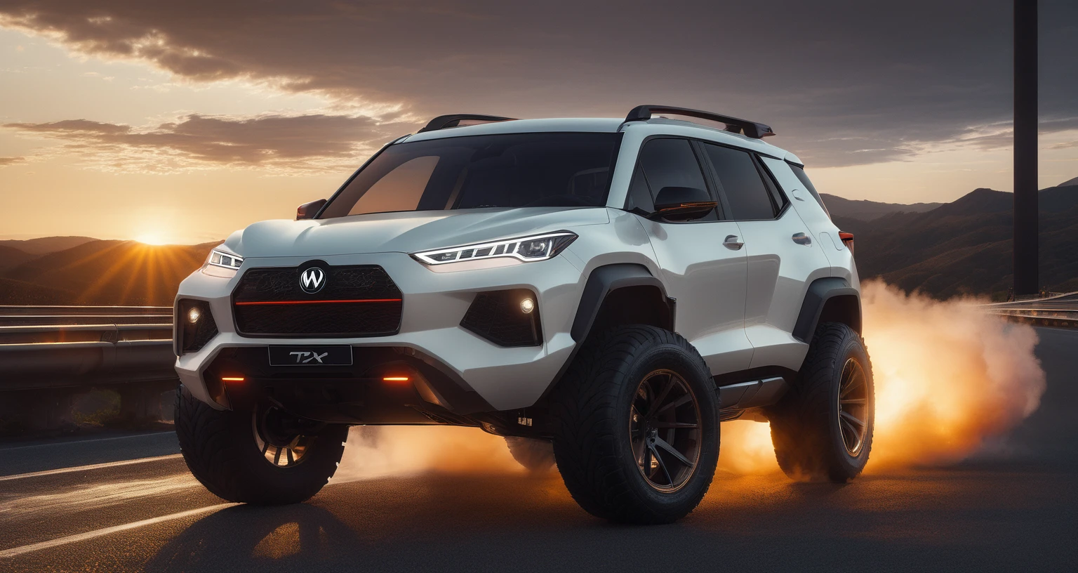 White SUV, Aesthetic, Extremely detailed, a car, Rapid acceleration on the highway, dusk,Beautiful fantasy photos,Complex details,Amazing, Produced by WETA FX and Industrial Light & Magic, Sophisticated RTX-enhanced CGI rendering