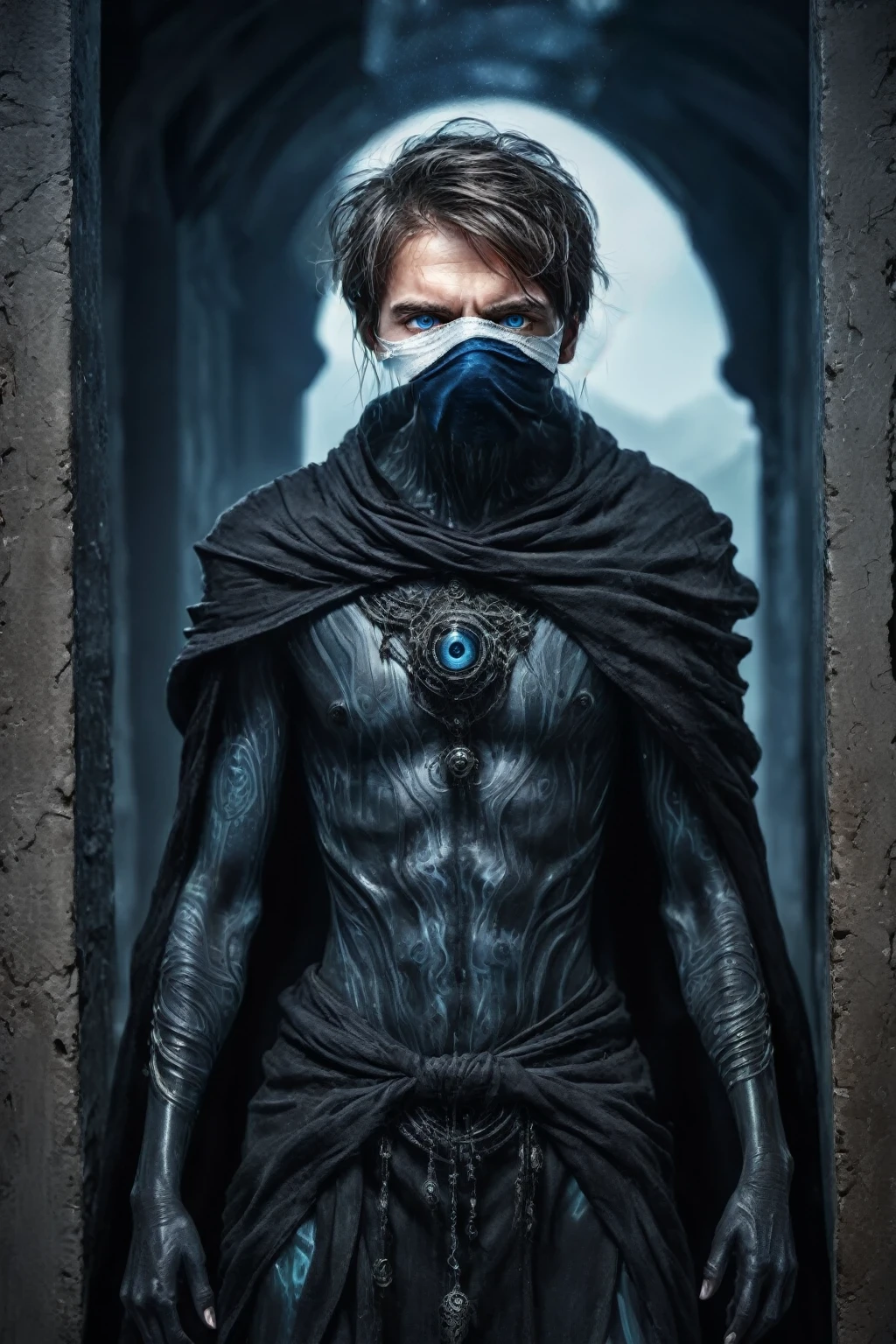 a man with bandages covering his face, only one blue eye visible, beautiful detailed eye, torn dirty complex medical bandages, (best quality, 4k, 8k, high resolution, masterpiece: 1.2), ultra-detailed, (realistic, photorealistic, photorealistic : 1.37), digital painting, dramatic lighting, soft color palette, cinematic composition