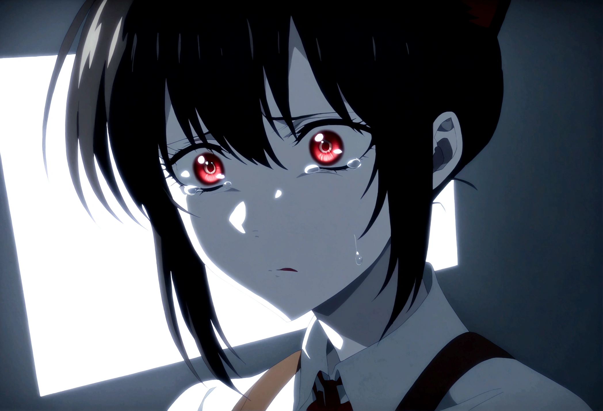 1 black haired girl with cat ears, pale skin and red eyes tearing the guts out of a 1 boy, bleeding profusely.