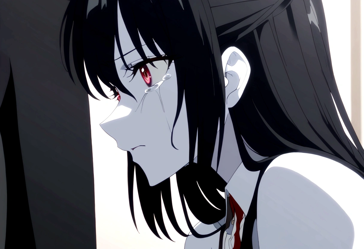 1 black haired girl with cat ears, pale skin and red eyes tearing the guts out of a 1 boy, bleeding profusely.