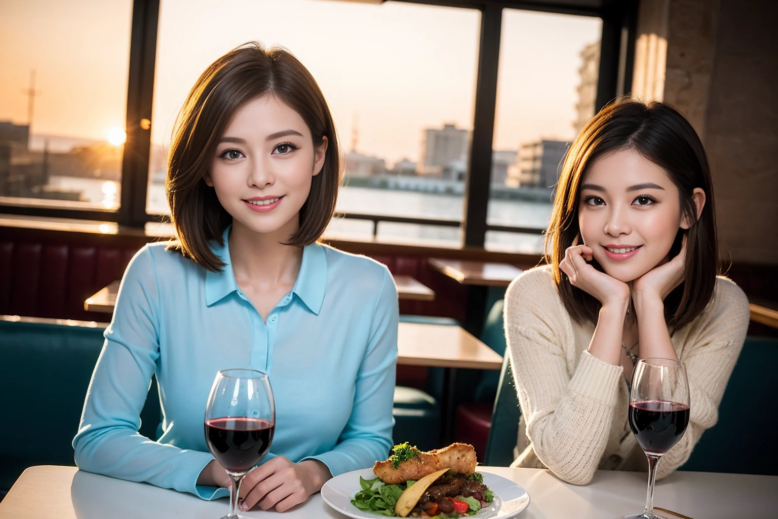 ((Highest quality、8K、masterpiece:1.3))、slimカップル、modelカップル、(Realistic, Intricate details:1.2), full-course dinner、Wine Party、Amazing view of the sunset sky and clouds、A bright smile、The wonderfulness of smile、Bright image、The beauty of wine, Beautiful Face, blue eyes, The light shines on your face, Blushing, short hair,Bright Face、 (Age 41), 39 years old, red wine 、Appetizers、Italian food、Wine bottle、Champagne、sparkling wine、Two beauties、Brown Hair、Shortcuts、Long sleeve shirt、dress、Beautiful woman 1, (slimな顔), (The body is slim), (Brown Hair), (Shortcuts), cheeks turn a little red,Attractive beauty、restaurant, In a prominent place (From the waist up) Nova Frog Style, actress, model, Upper Body, White wine, slim, wine glass, 中央に置かれたwine glass, smile, (smile: 1.15), Beautiful fine grain, Depth f/2,saturation, High Contrast, Strong light and shadow,Moist Body:1.5、3D texture、Delicate eyes、Brown Hair、The hair is very shiny、