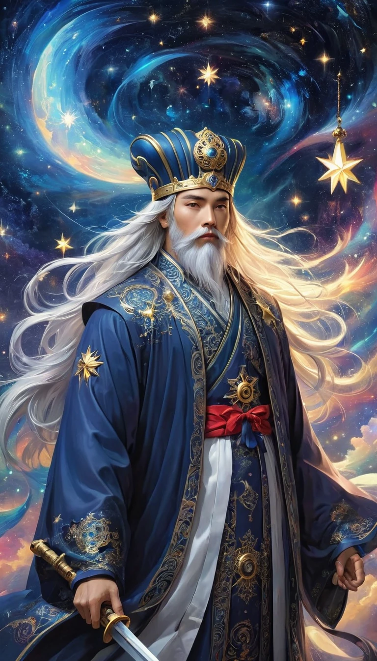 compass，Seven Star Array，Astral，a wise old Chinese Taoist sorcerer in flowing black robe, long white beard and eyebrows, wearing a traditional scholar's hat, standing on a mountain peak gazing at the starry night sky, surrounded by glowing mystical runes and symbols, ethereal atmosphere, highly detailed, cinematic lighting, digital art, concept art, fantasy,Stills, Widescreen, best quality, masterpiece, very aesthetic, Perfect composition, Intricate details, Extremely detailed, Bright colors