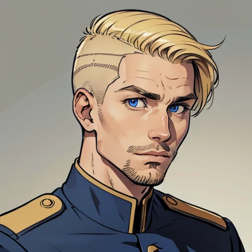  A boy with an oval face,he has a scar on his face,blue eyes,blonde hair and one side shaved hair, side bangs and facial hair on the chin, military uniform