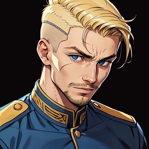  A boy with an oval face,he has a scar on his face,blue eyes,blonde hair and one side shaved hair, side bangs and facial hair on the chin, military uniform