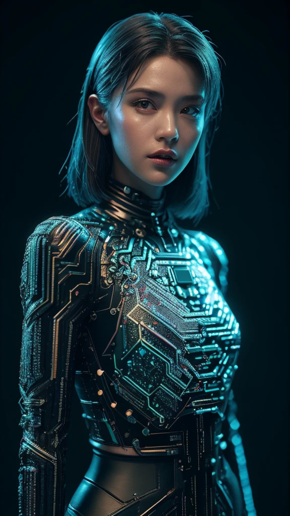 ((top-quality)), ((​masterpiece)), (detaileds:1.4), 。.3D, Beautiful Cyberpunk Woman Image,nffsw(HighDynamicRange),Ray traching,NVIDIA RTX,Hyper-Resolution,Unreal 5,Sub-surface scattering,PBR Texturing,Postprocess,Anisotropy Filtering,depth of fields,Maximum clarity and sharpness,multi-layer texture,Albedo and specular maps,Surface Shading,Accurate simulation of light-material interactions,perfectly proportions,Octane Rendering,Two-tone lighting,Wide aperture,Low ISO,White Balance,thirds rule,8K Raw,Circuit Board AI,Silver Body、Metallic body