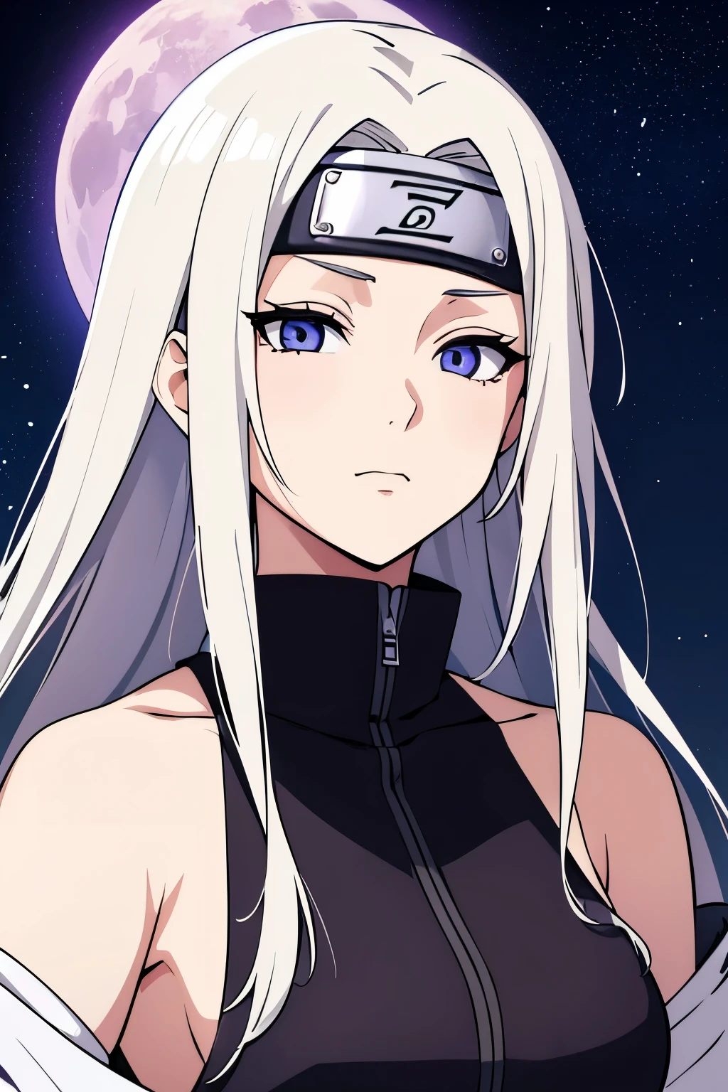 (high-quality, breathtaking),(expressive eyes, perfect face) portrait, Symmetrical Eyes, 1girl, solo, teenager age, short height, white hair, white coloured eyes, byakugan, anime naruto art style, long hair, fluffy hair, feminine face, sky background, moon, open field background, stars, trees, detailed eyes, hyuga, Ōtsutsuki, naruto ninja attire, neutral expression, soft smile, purple and black clothing, white trim, long sleeves, white dress, hair between eyes, bare shoulders, jacket,
