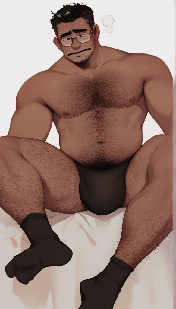 score_9, score_8_up, score_7_up, solo, male focus, mature male, mkkan0, cybernetic eye, mutton chops, h4rness, charming, full body shot, fully naked only wearing detailed darkest black black suit socks(socks1.4), high quality socks texture, mascular legs, hairy chest, hairy body, hairy legs, big foot, wearing black slip underwear, large bulge, sitting on a bed and forelegs stretched, smelling his pits, wearing daddy glasses, cold face