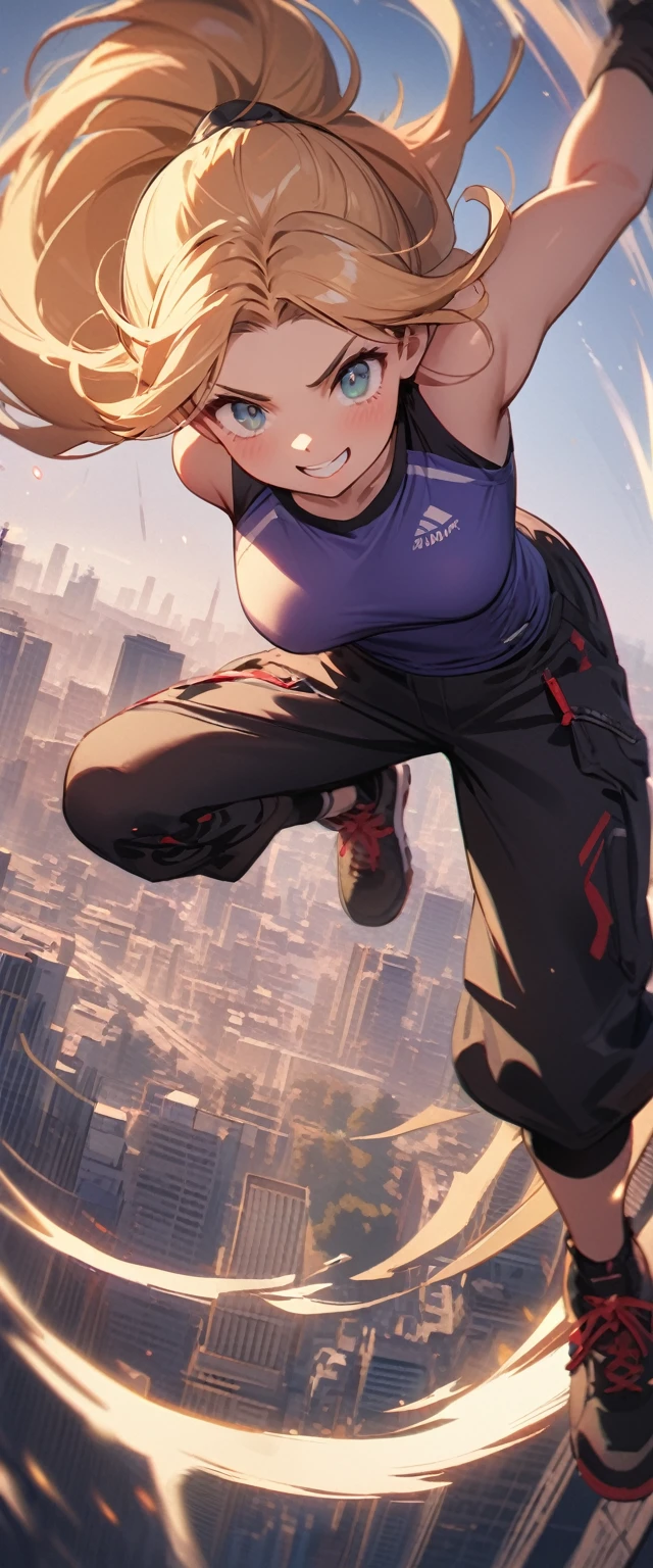 quality\(8k,wallpaper of extremely detailed CG unit, masterpiece,hight resolution,top-quality,top-quality real texture skin,hyper realisitic,increase the resolution,RAW photos,best qualtiy,highly detailed,the wallpaper,cinematic lighting,ray trace,golden ratio\), BREAK ,solo,1girl\(ponytail hair, long hair,blonde, floating hair, beautiful eyes, big eyes, sports shirts, cargo pants, smiling,wearing cap, (parkour:1.5), running at the handrail of the skyscraper, muscular,\), BREAK , from above, ground looks far away, beautiful view, horrible view,(dynamic pose:1.4), (dynamic angle:1.4), cityscape, daytime, long shot