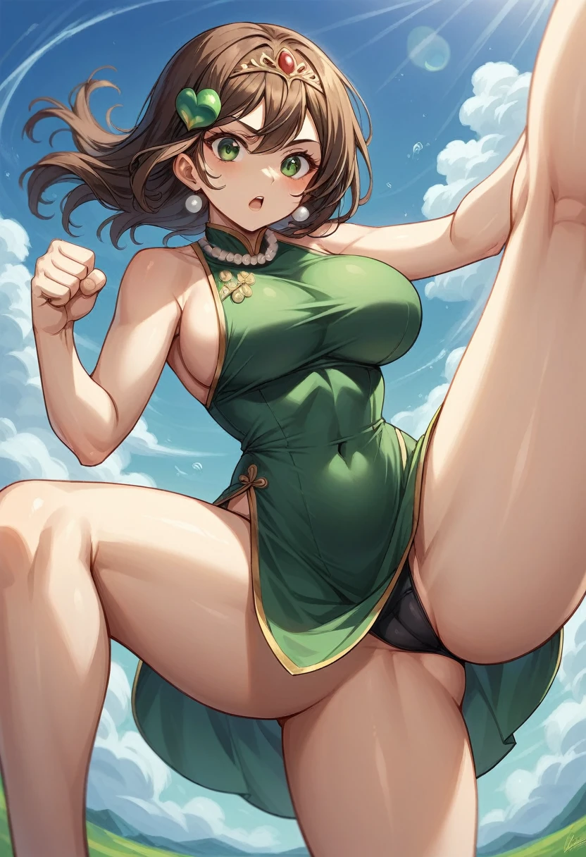 NSFW,Green cheongsam with slits,One Woman, 27 years old, 28 years old, whole body,Full Art,Big Breasts,Cute Liane, Gold Tiara, Pearl Necklace, Brown Hair,Green eyes,Jade hairpin,Skirt flipped up by the wind,Black color Micro pantie,Kicking movement,fighting pose