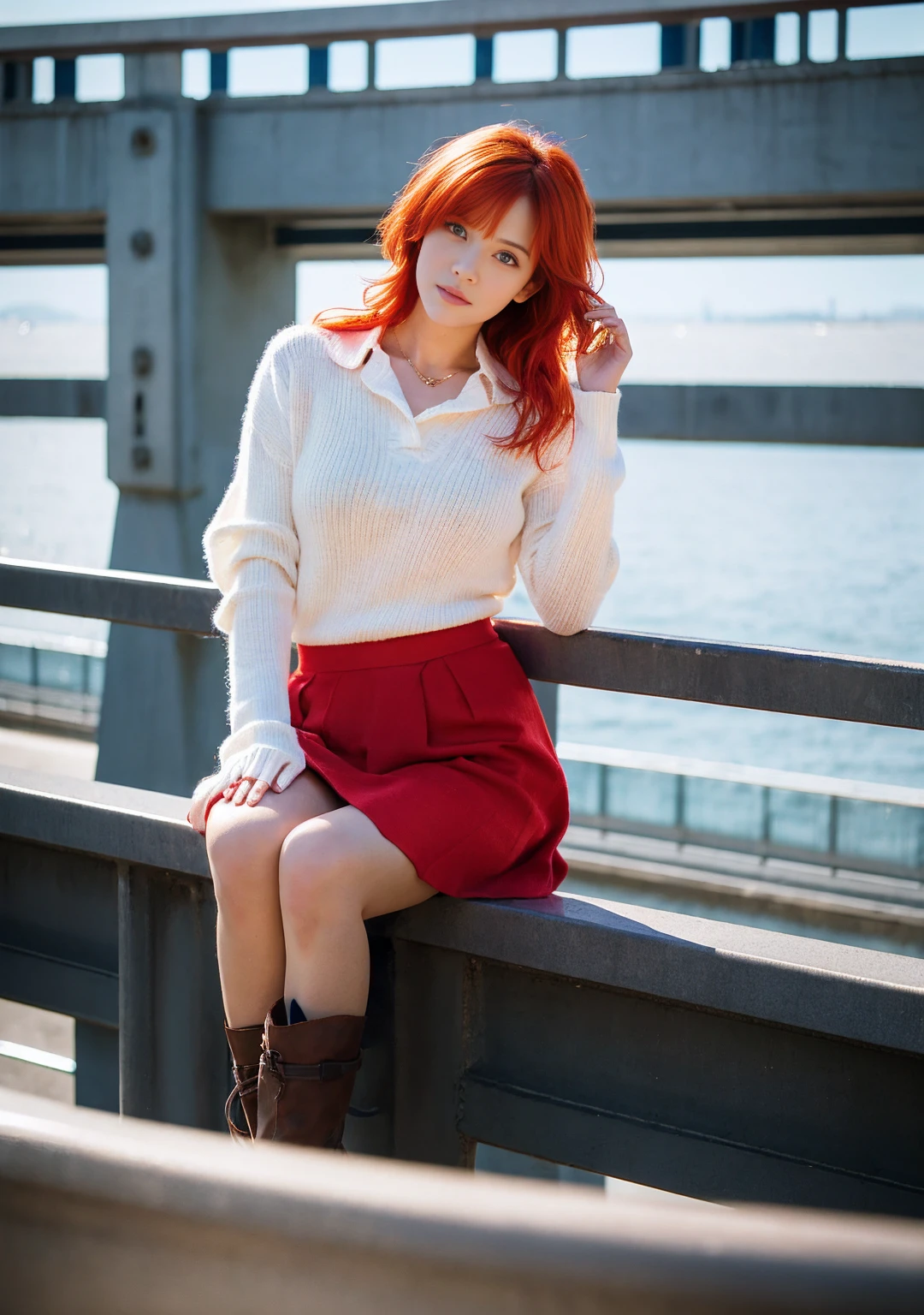 pose sexual. 1 girl, 24 years old, (bright red hair:1.3), shoulder length hair, parts, Blue eyes, Photo (Photorealism:1.4), realistic anatomy, medium breasts, sitting by the railing wearing a random color sweater and black boots, upskirt , with a red turtleneck sweater, perfect pose, pose casual, attractive pose, Shot from below, thoughtful pose, full body shot, striking pose, complete cinematographic shot, very artistic pose, voluminous sleeves, pose genial, sitting on a very high railing , only the farthest knee is raised along the railing, and the leg closest to the viewer is hanging, WITHOUT PANTS, under the skirt, strong focus on lower thighs, the viewer is positioned at a very low angle, massive neckline, pose sexual.