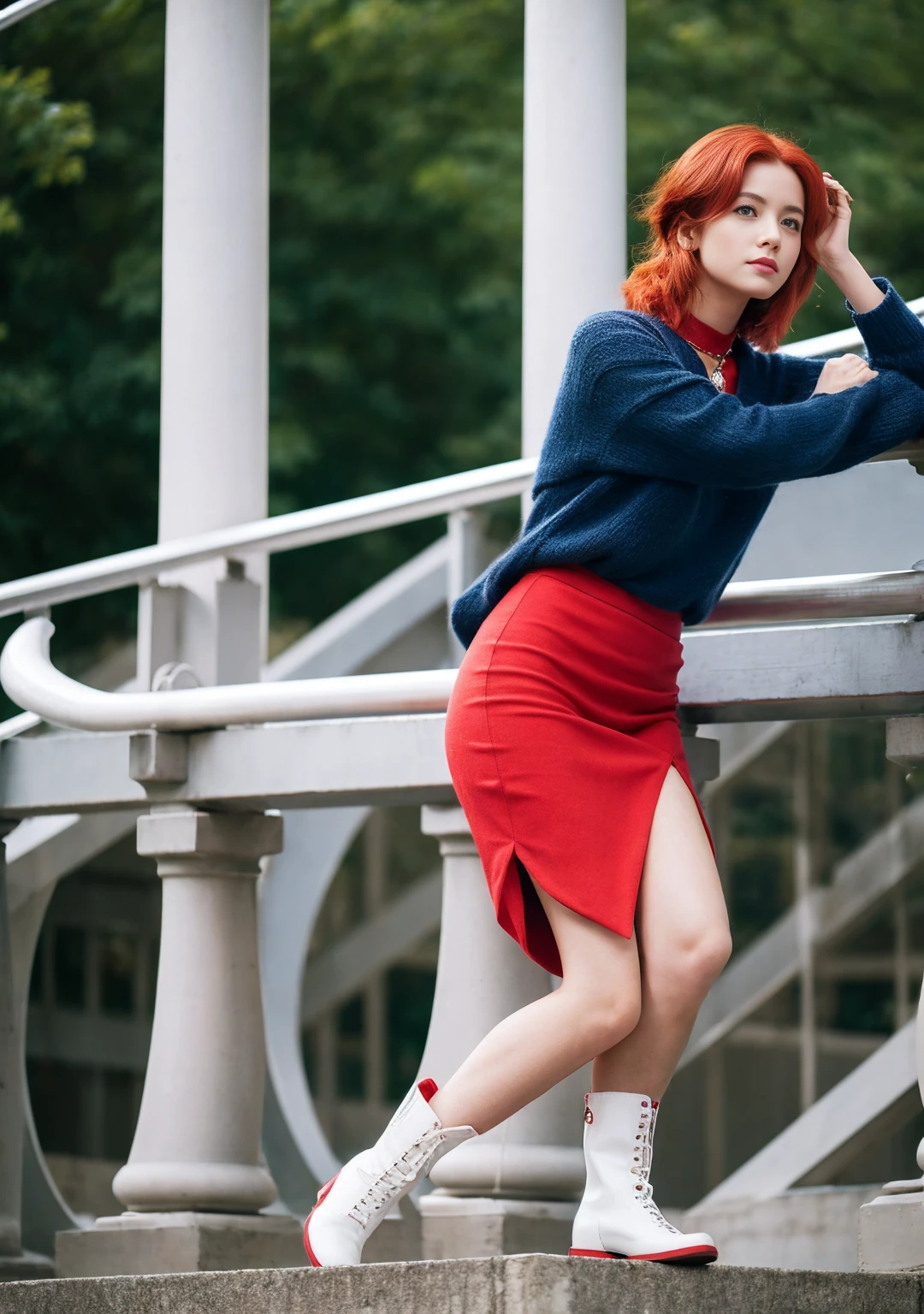 pose sexual. 1 girl, 24 years old, (bright red hair:1.3), shoulder length hair, parts, Blue eyes, Photo (Photorealism:1.4), realistic anatomy, medium breasts, sitting by the railing wearing a random color sweater and black boots, upskirt , with a red turtleneck sweater, perfect pose, pose casual, attractive pose, Shot from below, thoughtful pose, full body shot, striking pose, complete cinematographic shot, very artistic pose, voluminous sleeves, pose genial, sitting on a very high railing , only the farthest knee is raised along the railing, and the leg closest to the viewer is hanging, WITHOUT PANTS, under the skirt, strong focus on lower thighs, the viewer is positioned at a very low angle, massive neckline, pose sexual.