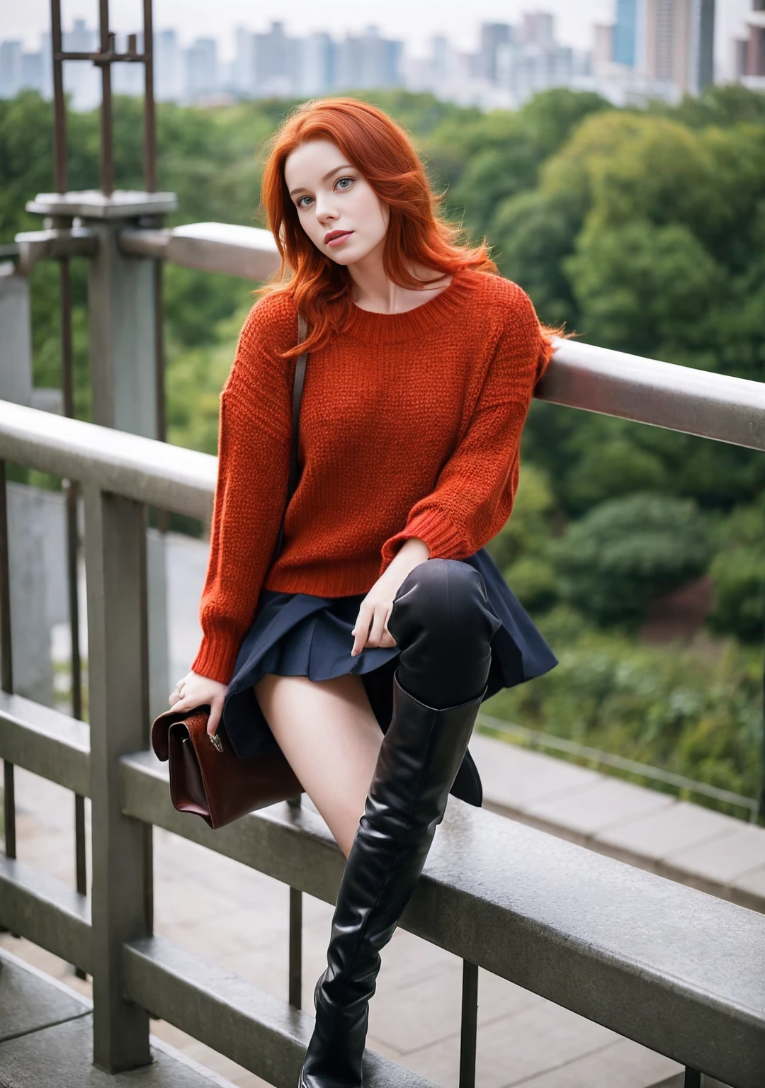 pose sexual. 1 girl, 24 years old, (bright red hair:1.3), shoulder length hair, parts, Blue eyes, Photo (Photorealism:1.4), realistic anatomy, medium breasts, sitting by the railing wearing a random color sweater and black boots, upskirt , with a red turtleneck sweater, perfect pose, pose casual, attractive pose, Shot from below, thoughtful pose, full body shot, striking pose, complete cinematographic shot, very artistic pose, voluminous sleeves, pose genial, sitting on a very high railing , only the farthest knee is raised along the railing, and the leg closest to the viewer is hanging, WITHOUT PANTS, under the skirt, strong focus on lower thighs, the viewer is positioned at a very low angle, massive neckline, pose sexual.