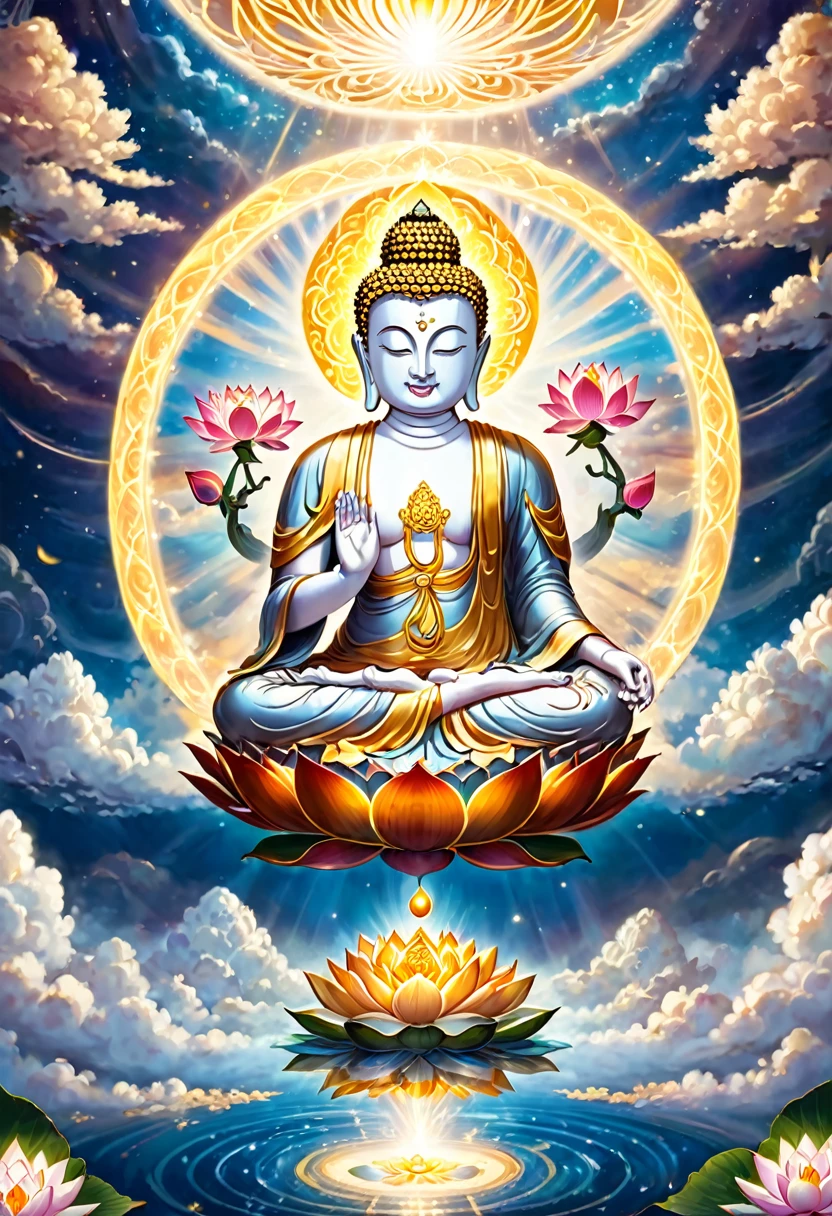Golden Buddha on the clouds, magnificent vision, chakra shining, mandala, big sphere of light, emitting light, perfect lighting, white lotus flower blooming, lotus flower floating