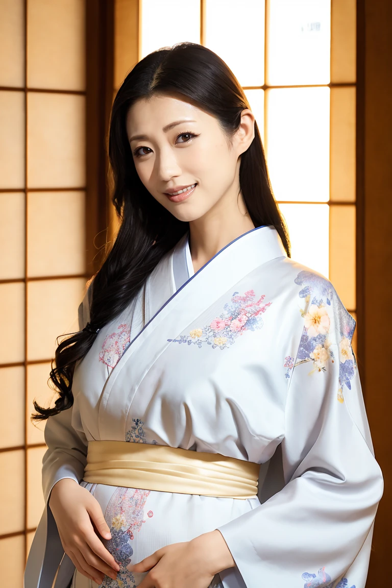 (Highest quality、Tabletop、8K、Best image quality、Award-winning works)、(One beautiful mature woman:1.1)、Adult face、(Innkeeper:1.1)、(Elegant floral kimono:1.2)、(A kimono with a perfect and precise collar:1.2)、Perfect mature woman portrait photo、Glowing Skin、Standing Elegantly、(Blurred elegant and exquisite perfect Japanese style room background:1.3)、(The most natural and perfect tidy Japanese style room background:1.2)、Glowing White Skin、Very white skin、(Accentuate your body lines:1.1)、(The most graceful posture:1.2)、(Large Breasts:1.2)、A perfect smile、Perfect beautiful glossy lips、(Accurate anatomy:1.2)、(A perfect and elegant kimono:1.1)、(Standing with good posture:1.1)、Natural pregnancy belly swelling、Beautiful high-quality kimono obi