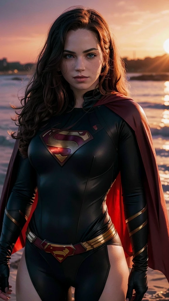 a beautiful freckled woman with pale skin, wavy hair, smiling, wearing a sexy (black superman's suit) with long red cape, with one exposed breast, (m4ry), blushing cheeks, large breasts, ultra-detailed, 8k, best quality, photorealistic, vivid colors, dramatic lighting, (red sky and sunset in the background), ponytail