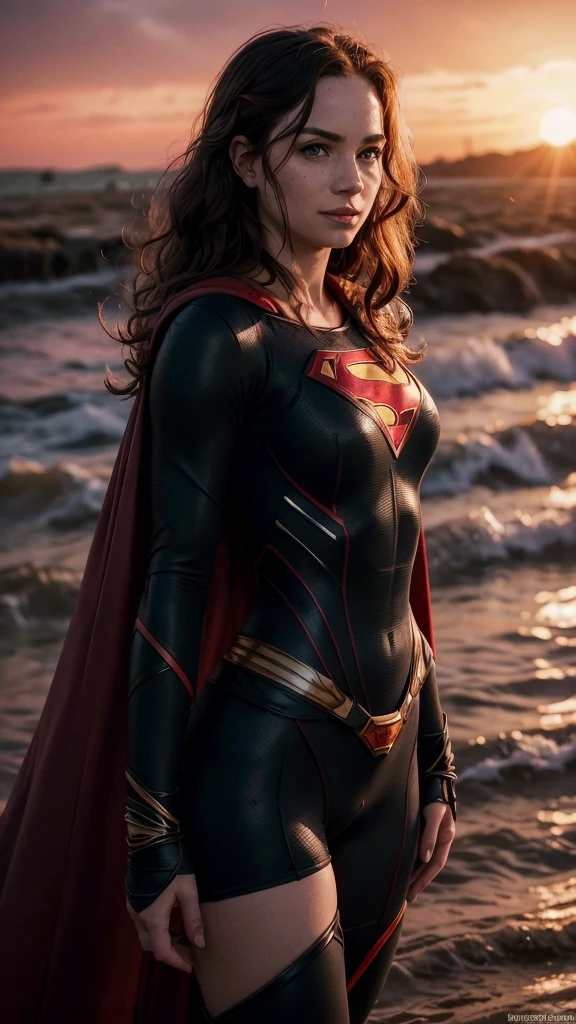 a beautiful freckled woman with pale skin, wavy hair, smiling, wearing a sexy (black superman's suit) with long red cape, with one exposed breast, (m4ry), blushing cheeks, large breasts, ultra-detailed, 8k, best quality, photorealistic, vivid colors, dramatic lighting, (red sky and sunset in the background), ponytail