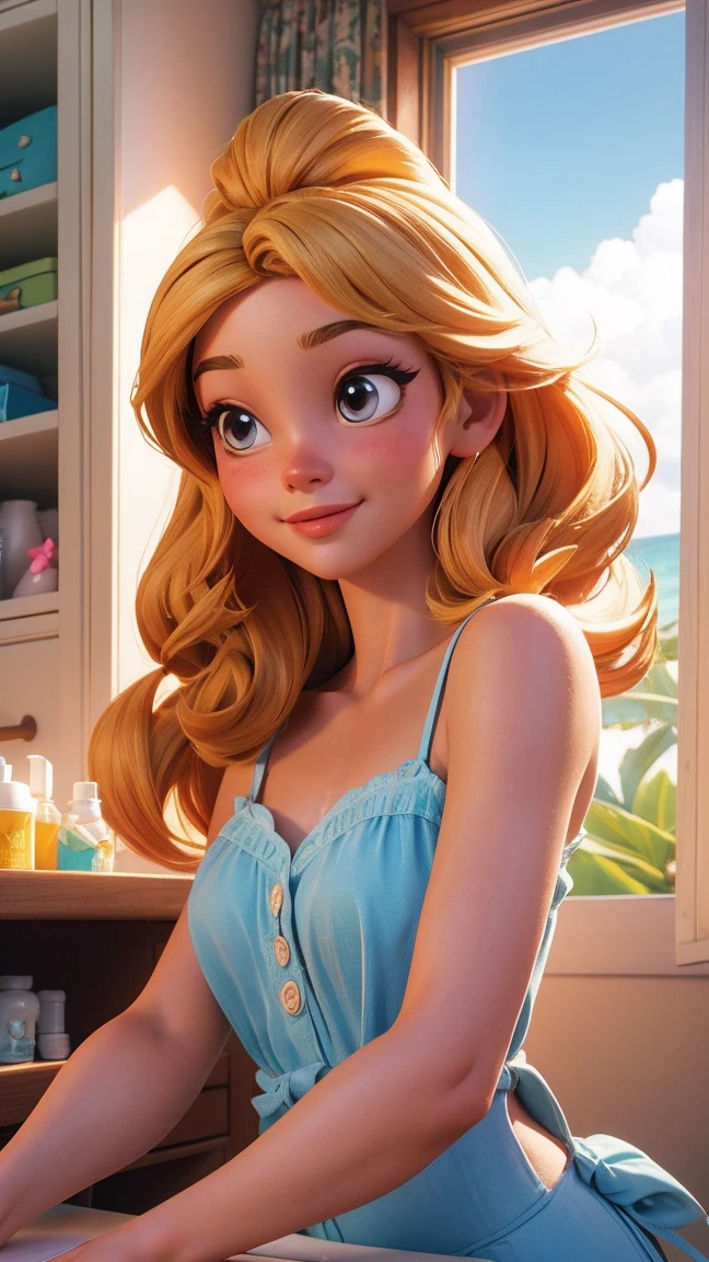 A 3D Disney-style illustration of a woman in a summer outfit applying lotion to her face. The setting is bright and cheerful, with sunlight streaming in through a window. The woman looks relaxed and content as she applies the lotion. The background includes elements like a dresser with skincare products and a potted plant, giving a fresh and summery feel. The characters are friendly and animated, making it easy for children to understand the concept of after-sun care.