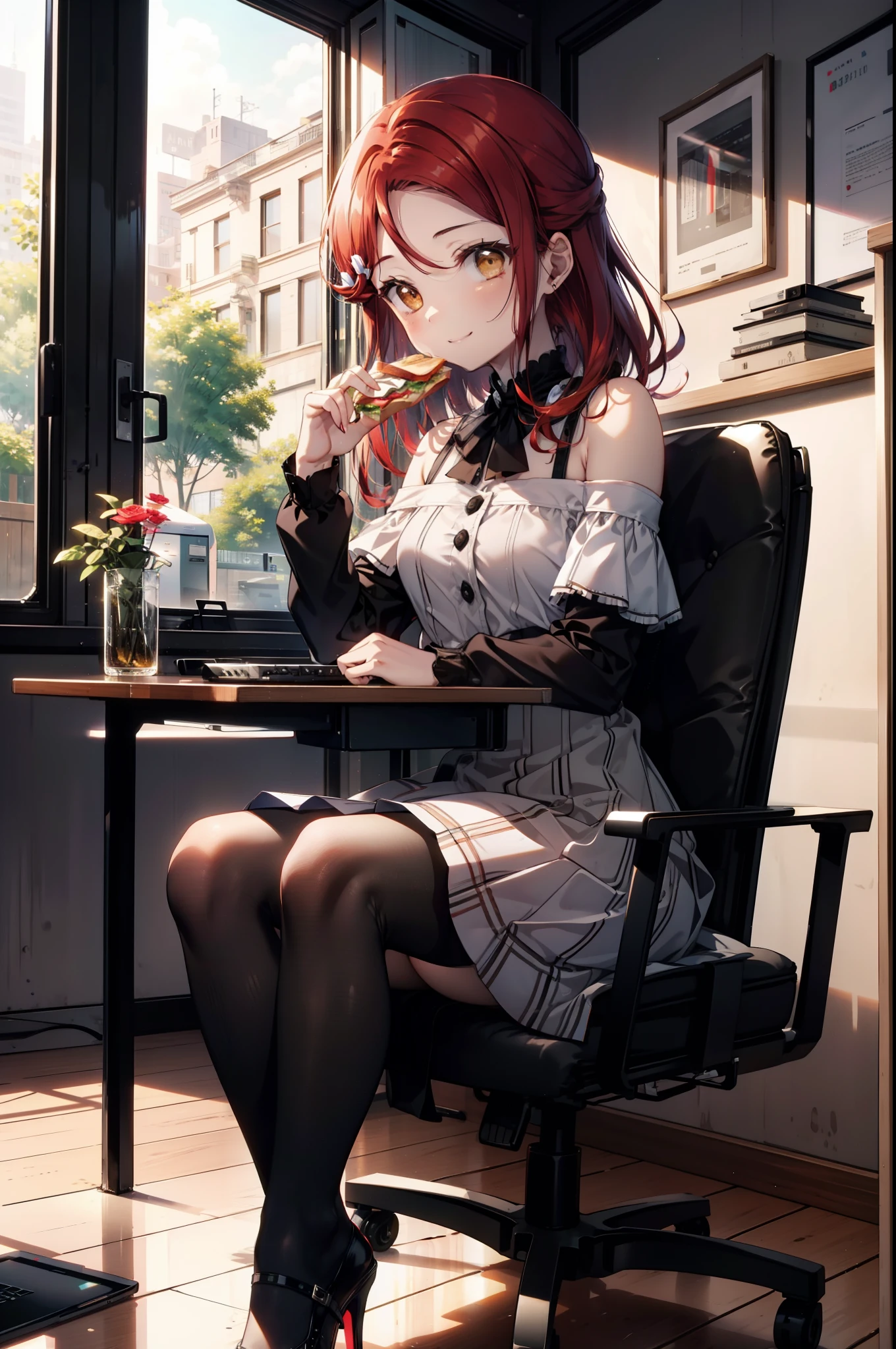 rikosakurauchi, Riko Sakurauchi, (Brown eyes:1.5), Hair between the eyes, Long Hair, (Redhead:1.5), (Small breasts:1.2), smile,Cold Shoulder Shirt,Short sleeve,Long skirt,Black pantyhose,Stiletto heels,Sitting in a chair,is holding a sandwich with both hands and eating it,There is a computer and a sandwich on the table.,interior,So that the whole body goes into the illustration,
break looking at viewer, 全身
break outdoors, office,
break (masterpiece:1.2), Highest quality, High resolution, unity 8k wallpaper, (figure:0.8), (Beautiful attention to detail:1.6), Highly detailed face, Perfect lighting, Highly detailed CG, (Perfect hands, Perfect Anatomy),