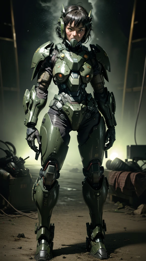 最high quality非常に詳細, Advanced Details, high quality, 最high quality, High resolution, 1080P, hard disk, beautiful,(War Machine),(Snug-fitting headgear),See the big picture,beautifulサイボーグ女性,Dark Green Mecha Cyborg Girl,Battle Mode,Mecha Body Girl　8k dark green body armor　((Middle-aged women))　Sweaty face　Sweaty hair　Brown eyes　Droopy eyes　short hair　　boyish　Steam coming out of my head　My hair is wet with sweat　Black Hair, Steam coming out of the mouth　Lying in bed　The skin under the face is not exposed　waiting　(On all fours)　asphyxia　(Painful expression) Full body portrait
