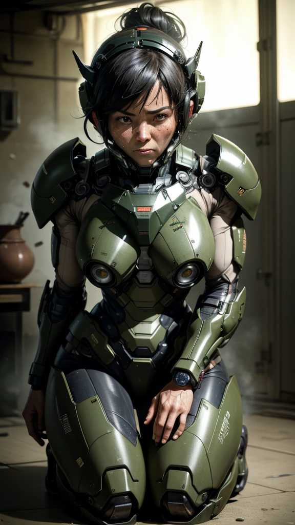 最high quality非常に詳細, Advanced Details, high quality, 最high quality, High resolution, 1080P, hard disk, beautiful,(War Machine),(Snug-fitting headgear),See the big picture,beautifulサイボーグ女性,Dark Green Mecha Cyborg Girl,Battle Mode,Mecha Body Girl 8k dark green body armor ((Middle-aged women)) Sweaty face Sweaty hair Brown eyes Droopy eyes short hair boyish Steam coming out of my head My hair is wet with sweat Black Hair, Steam coming out of the mouth Lying in bed The skin under the face is not exposed waiting (On all fours) asphyxia (Painful expression) Full body portrait