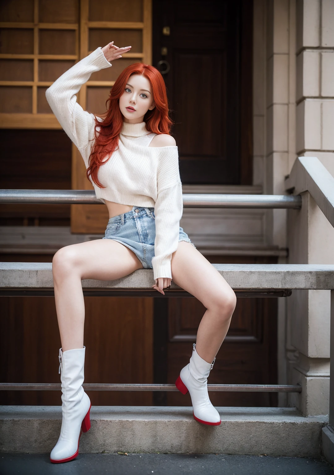 pose sexual. 1 girl, 24 years old, (bright red hair:1.3), shoulder length hair, parts, Blue eyes, Photo (Photorealism:1.4), realistic anatomy, medium breasts, sitting by the railing wearing a random color sweater and black boots, upskirt , with a red turtleneck sweater, perfect pose, pose casual, attractive pose, Shot from below, thoughtful pose, full body shot, striking pose, complete cinematographic shot, very artistic pose, voluminous sleeves, pose genial, sitting on a very high railing , only the farthest knee is raised along the railing, and the leg closest to the viewer is hanging, WITHOUT PANTS, under the skirt, strong focus on lower thighs, the viewer is positioned at a very low angle, massive neckline, pose sexual.