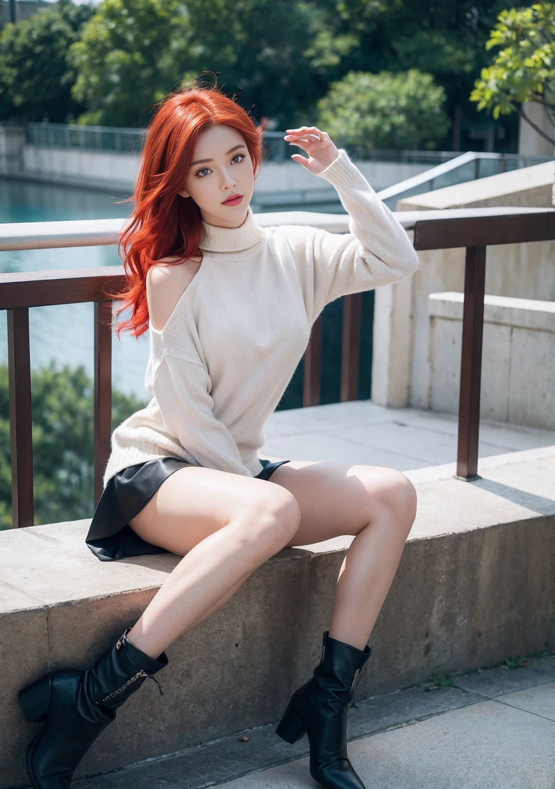pose sexual. 1 girl, 24 years old, (bright red hair:1.3), shoulder length hair, parts, Blue eyes, Photo (Photorealism:1.4), realistic anatomy, medium breasts, sitting by the railing wearing a random color sweater and black boots, upskirt , with a red turtleneck sweater, perfect pose, pose casual, attractive pose, Shot from below, thoughtful pose, full body shot, striking pose, complete cinematographic shot, very artistic pose, voluminous sleeves, pose genial, sitting on a very high railing , only the farthest knee is raised along the railing, and the leg closest to the viewer is hanging, WITHOUT PANTS, under the skirt, strong focus on lower thighs, the viewer is positioned at a very low angle, massive neckline, pose sexual.