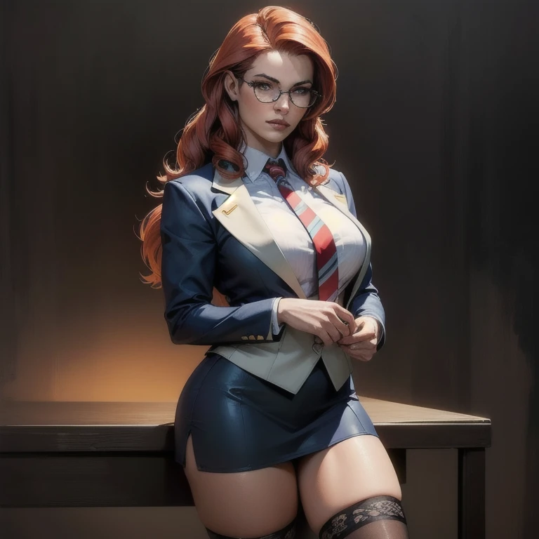 a beautiful young woman with long curly red hair, beautiful detailed eyes, large round glasses, beautiful detailed lips, extremely detailed eyes and face, freckles on her face, large bust, chubby, long eyelashes, wearing a blue blazer style uniform with tie and tight skirt, knee socks, standing in an anatomy club room, looking at the viewer with a sweet expression, surrounded by drawings of the human body on a blackboard, with a replica of the human bust on a table, (better quality, 4k, 8k, high resolution, masterpiece: 1.2), ultra-detailed, (realistic, photorealistic, photorealistic: 1.37), HDR, UHD, studio lighting, ultra-fine painting, sharp focus, rendering with physical basis, representation of extreme details, professional, vivid colors, bokeh, portraits, photography, warm colors, dramatic lighting