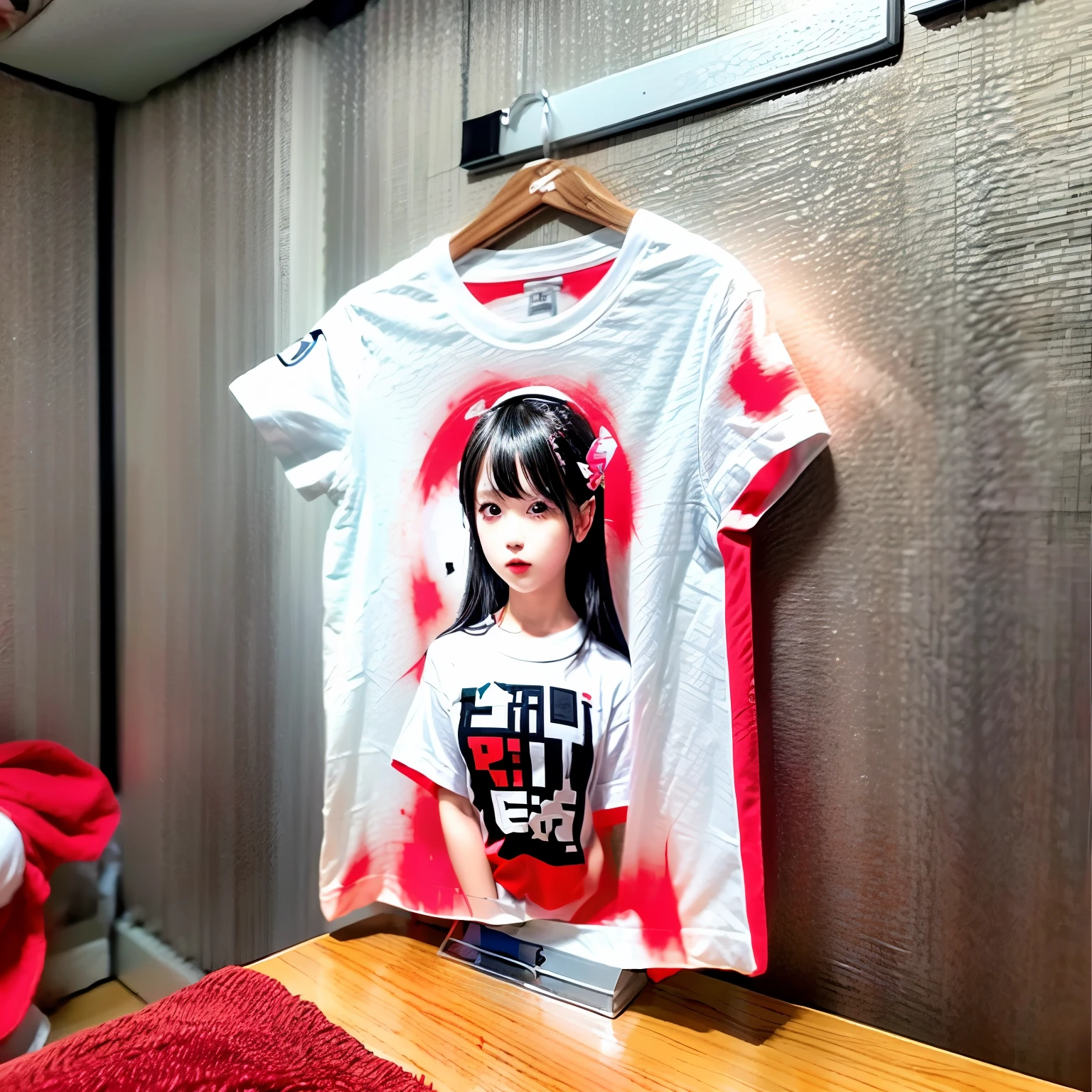 White and Bright Red, (Masterpiece 8K TopQuality:1.2) (ProfessionalPhoto:1.37) ExtremelyDetailed (((a T-shirt) with PUNIPUNI KAWAII girl Printed on it) with "SUPER BITCH" Logo )