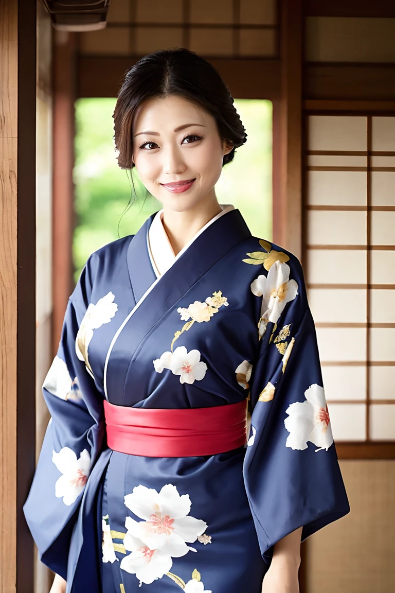 (Highest quality、Tabletop、8K、Best image quality、Award-winning works)、(One beautiful mature woman:1.1)、Adult face、(Innkeeper:1.1)、(Elegant floral kimono:1.2)、(A kimono with a perfect and precise collar:1.2)、Perfect mature woman portrait photo、Glowing Skin、Standing Elegantly、(Blurred elegant and exquisite perfect Japanese style room background:1.3)、(The most natural and perfect tidy Japanese style room background:1.2)、Glowing White Skin、Very white skin、(Accentuate your body lines:1.1)、(The most graceful posture:1.2)、(Large Breasts:1.2)、A perfect smile、Perfect beautiful glossy lips、(Accurate anatomy:1.2)、(A perfect and elegant kimono:1.1)、(Standing with good posture:1.1)、(Beautiful high-quality kimono obi:1.1)