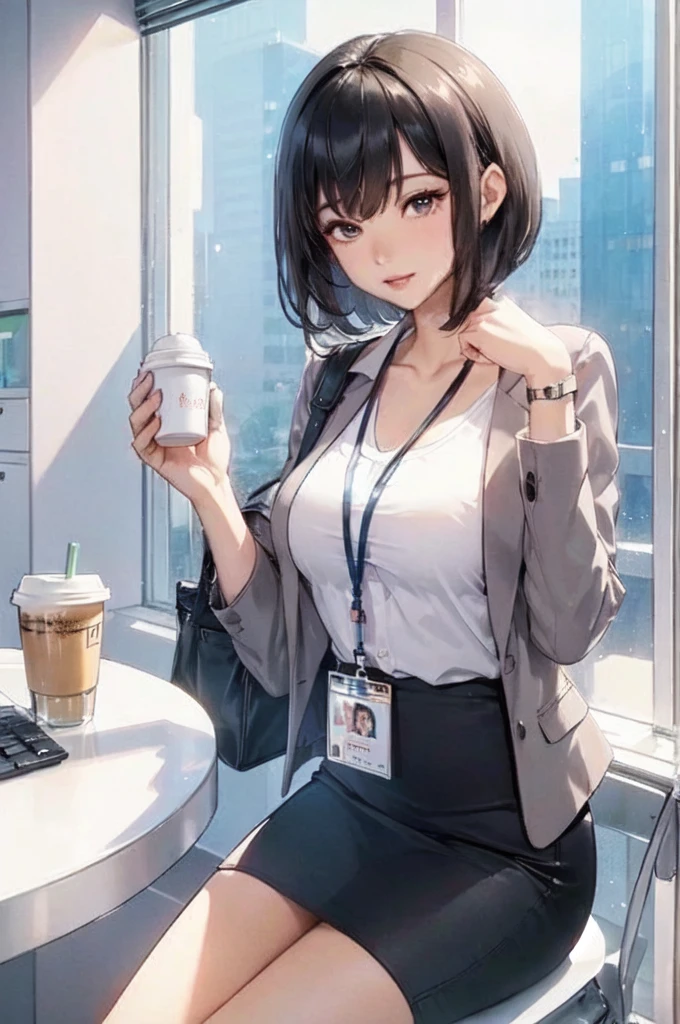 1lady sitting, holding a coffee cup, office worker outfit, /(id card lanyard/), mature female, /(black hair/) bangs, (masterpiece best quality:1.2) delicate illustration ultra-detailed, large breasts BREAK /(modern office indoors/), window skyscraper