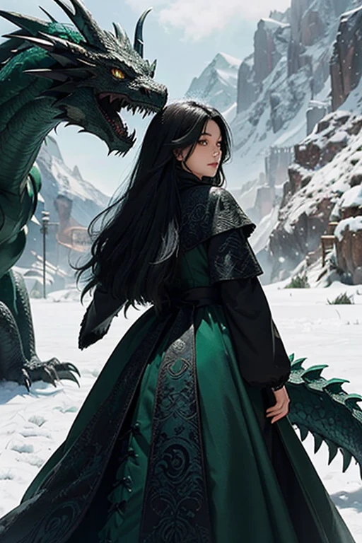A woman from behind with long black hair in an emerald green dress, along with a huge black medieval dragon, on a snowy mountain