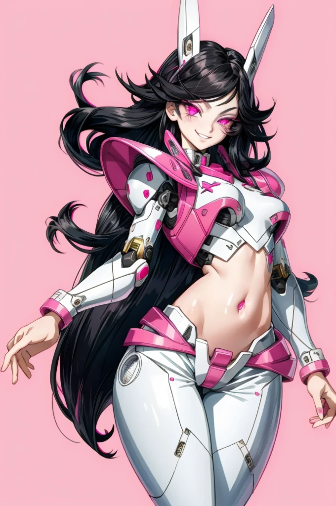 best quality, simple Details, 1 girl, Long hair, black hair, grin, pinke Highlights, pink eyes, good eyes, simple background, full body, Belly-free,