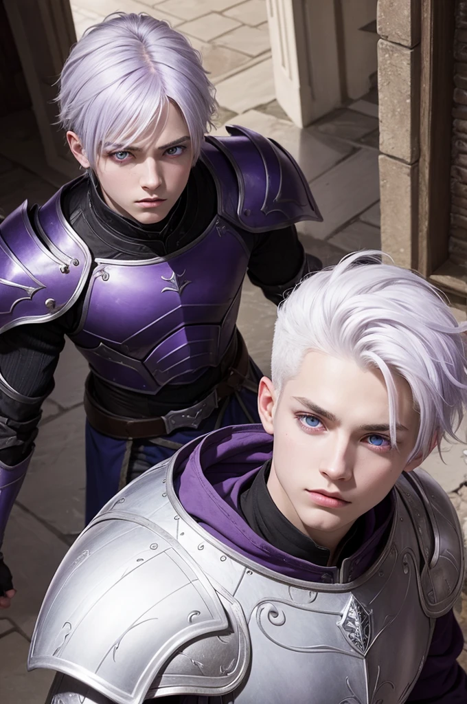 1 boy,purples eyes,white hair,of armor,inside a castle