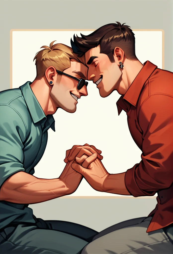 A male Max goof holding hands with a male ((Bradley uppercrust the third)) meesh art style, 2 people, "duo"
