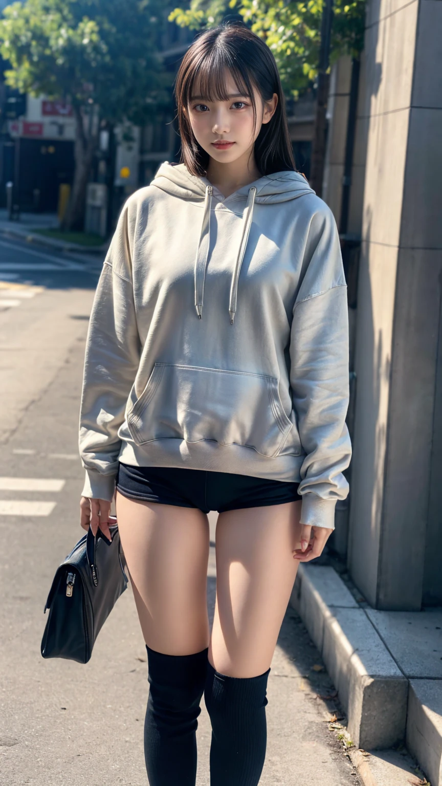Best Quality,masutepiece,超A high resolution,of the highest quality,Realistic,Ultra Detail, in 8K, (Very oversized hoodie:1.2)thighs thighs thighs thighs、FULL BODYSHOT