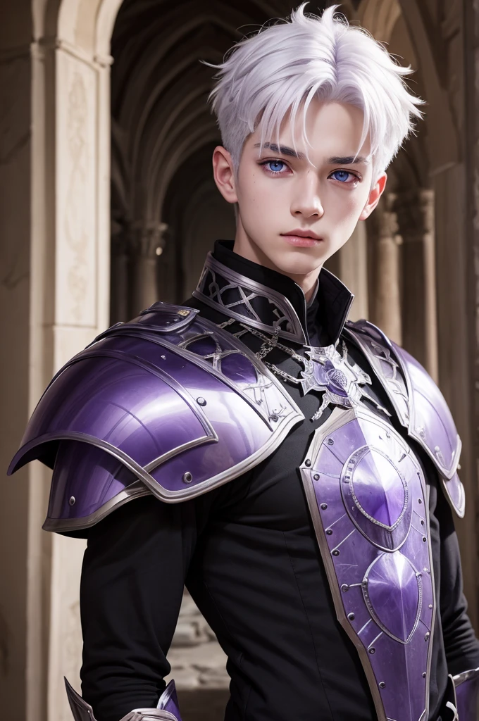 1 boy,purples eyes,white  hair,of armor,inside a castle, skin black
