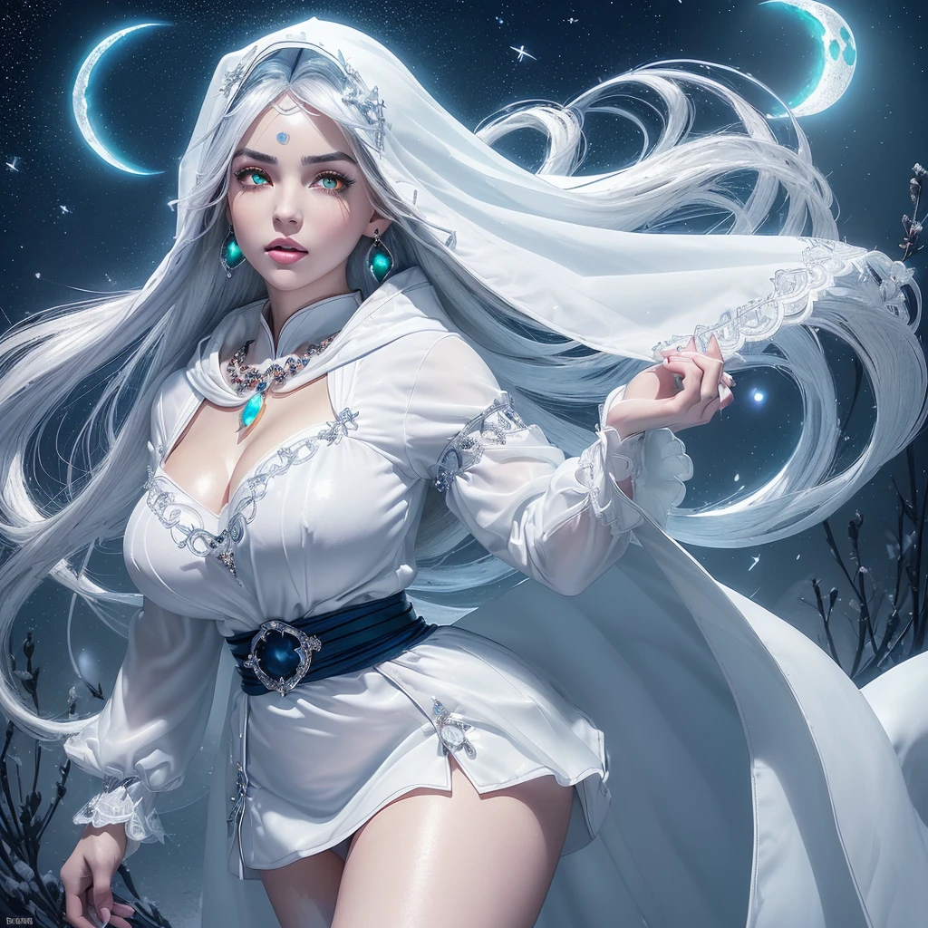Image ((full body)),realistic 3D anime style,((of a beautiful woman with snow white skin)), wearing a long white hooded cloak (((covering her head up to her forehead ))),((( two long strands of iridescent white hair on each side of her head))),(((detailed face, cymetric))),(((s-shaped eyebrows))),((Beautyfull glowing eyes)),(((One eye blue))) and the (((other eye green))), (((well detailed eyes))),((full lips)),(beautyfull lips), (((body with nice curves))),((( very large breasts))), (((narrow waist))),(((thick thighs) )),((dressed in a long-sleeved blouse, qipao collar)), (((earrings, necklace and bracelets all made of sparkling crystal))),((white gloves with cuff)),((short skirt with sash , decorated with fine intricate details)), ((white ankle boots with lapels and laces, knee length)),(( long stockings up to the middle of the thighs)),(((standing in the middle of a long field, full sorrounded by blue glowing flowers))), (((in a night without moon ,whith Stars falling from the sky ))),((masterpiece)),((high quality)), (( extremely detailed image)), 8k resolution
