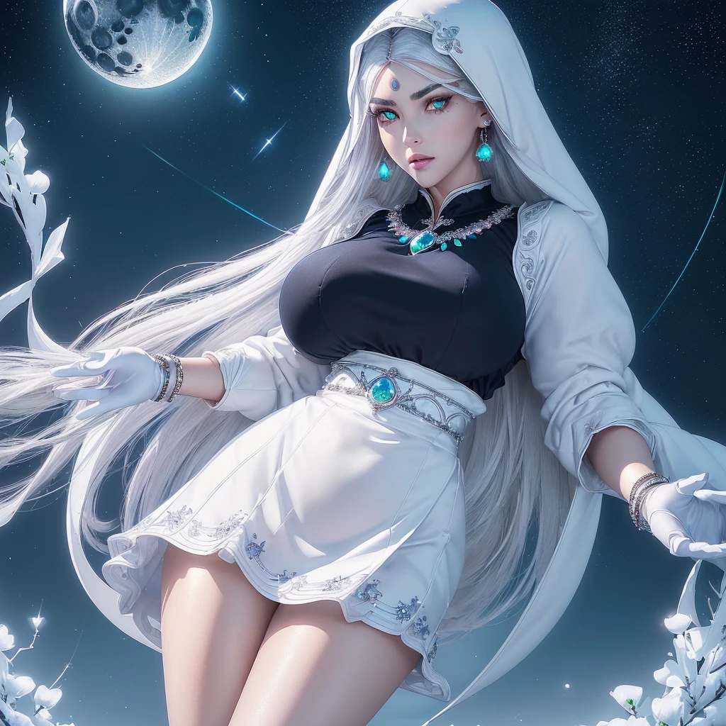 Image ((full body)),realistic 3D anime style,((of a beautiful woman with snow white skin)), wearing a long white hooded cloak (((covering her head up to her forehead ))),((( two long strands of iridescent white hair on each side of her head))),(((detailed face, cymetric))),(((s-shaped eyebrows))),((Beautyfull glowing eyes)),(((One eye blue))) and the (((other eye green))), (((well detailed eyes))),((full lips)),(beautyfull lips), (((body with nice curves))),((( very large breasts))), (((narrow waist))),(((thick thighs) )),((dressed in a long-sleeved blouse, qipao collar)), (((earrings, necklace and bracelets all made of sparkling crystal))),((white gloves with cuff)),((short skirt with sash , decorated with fine intricate details)), ((white ankle boots with lapels and laces, knee length)),(( long stockings up to the middle of the thighs)),(((standing in the middle of a long field, full sorrounded by blue glowing flowers))), (((in a night without moon ,whith Stars falling from the sky ))),((masterpiece)),((high quality)), (( extremely detailed image)), 8k resolution