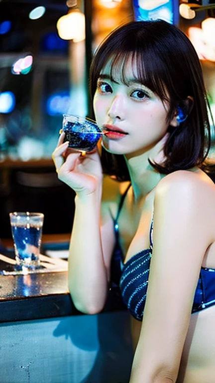 In the Milky Way、A bar surrounded by countless stars。A young and beautiful woman、By the window of a bar where you can see the stars、Blue glass headphones、While listening to music、Drinking canned chuhai。she、With dark brown short hair、Droopy eyes、and、round face。Blue bikini bra and、Denim shorts、Wearing。