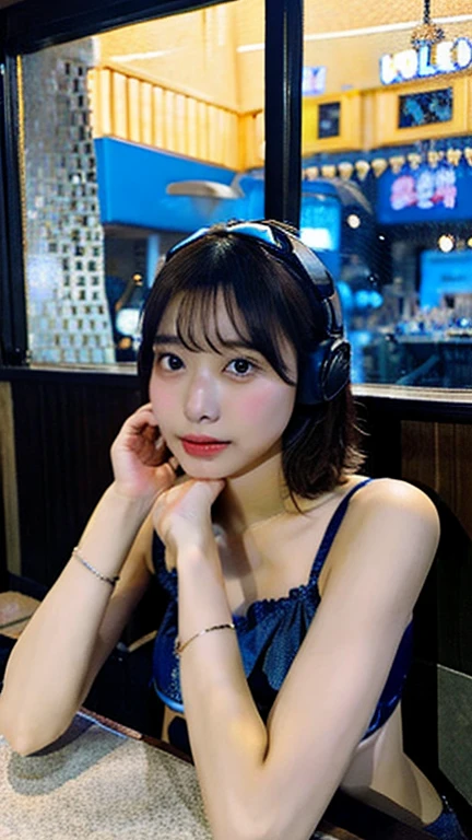 In the Milky Way、A bar surrounded by countless stars。A young and beautiful woman、By the window of a bar where you can see the stars、Blue glass headphones、While listening to music、Drinking canned chuhai。she、With dark brown short hair、Droopy eyes、and、round face。Blue bikini bra and、Denim shorts、Wearing。