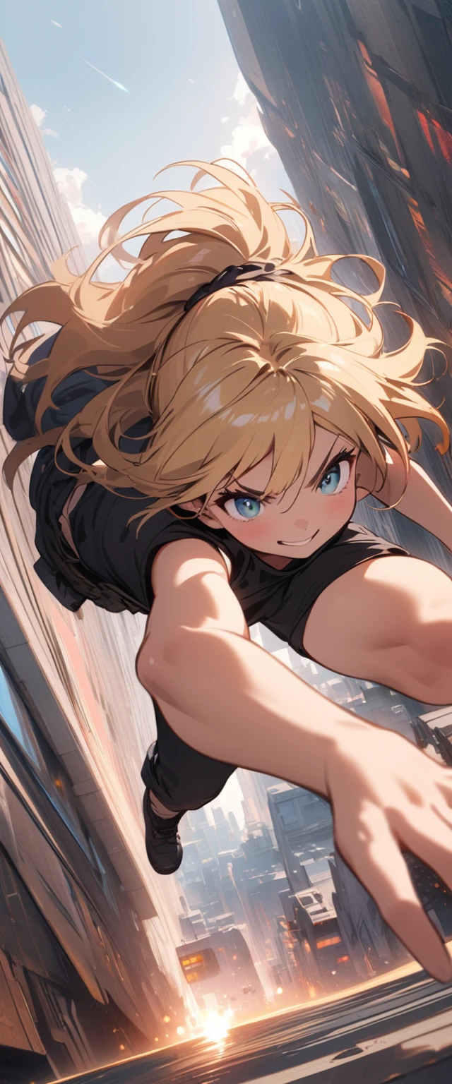 quality\(8k,wallpaper of extremely detailed CG unit, masterpiece,hight resolution,top-quality,top-quality real texture skin,hyper realisitic,increase the resolution,RAW photos,best qualtiy,highly detailed,the wallpaper,cinematic lighting,ray trace,golden ratio\), BREAK ,solo,1 Japanese girl\(ponytail hair, long hair,blonde, floating hair, beautiful eyes, big eyes, tank top shirts, cargo pants, smiling,wearing baseball cap, (parkour:1.5), running at the handrail of the skyscraper, muscular,\), BREAK , from above, ground looks far away, beautiful view, horrible view,(dynamic pose:1.4), (dynamic angle:1.4), cityscape, daytime, long shot