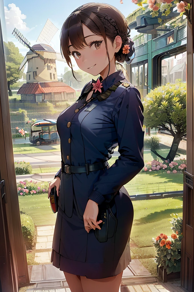 (Brown Hair:1.2),(Hair tied up:1.3),(With bangs:1.25),(Brown eyes:1.4),(Eye size:1.5),(Tourist bus guide uniform:1.3),(Flight attendant or bus guide uniform:1.3),(Dark blue uniform:1.45),(Navy Long Sleeve Jacket:1.4),(Under the guidance of:1.25),(With a microphone in hand:1.5),(blush),(Cute Smile:1.3),(Small breasts:1.6),(Face close-up:1.5),(A flower garden with a windmill in the distance:1.5),(A gorgeous gate reminiscent of a garden palace:1.4),(Scenery with a bus:1.6),(🚌:1.7)