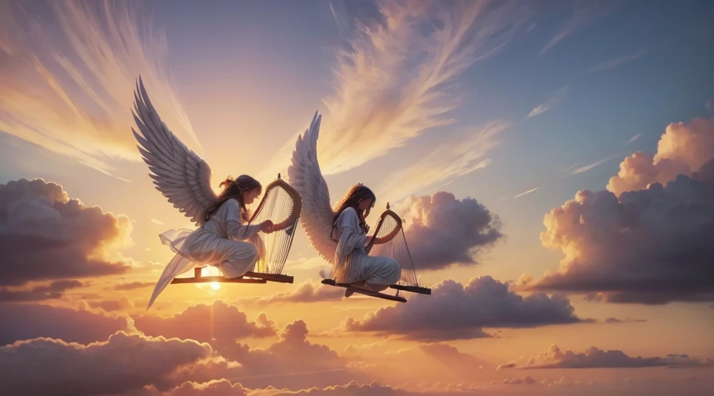 “Angels playing harp, fluffy white clouds, sunset sky, impressionist style” This prompt creates an image with angels playing harps, with soft white clouds and a sunset sky, in an impressionistic style.