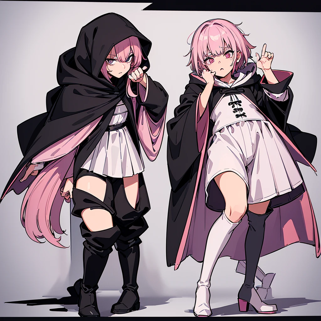 (Full body character concept、detailed character design)、(((Wearing a black hood)))、Best illustrations、Best Quality、(23 years old)、(The same face:1.1),Medieval Fantasy、Magic wand,(White Background)、(Pink Hair、Very Short Hair、Align your bangs)、(((Long sleeve、Black Robe、pants、Knee-high boots)))、Get Ready、(get annoyed、anxiety、fear)