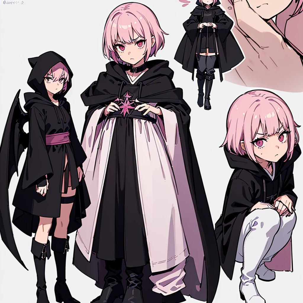 (Full body character concept、detailed character design)、(((Wearing a black hood)))、Best illustrations、Best Quality、(23 years old)、(The same face:1.1),Medieval Fantasy、Magic wand,(White Background)、(Pink Hair、Very Short Hair、Align your bangs)、(((Long sleeve、Black Robe、pants、Knee-high boots)))、Get Ready、(get annoyed、anxiety、fear)